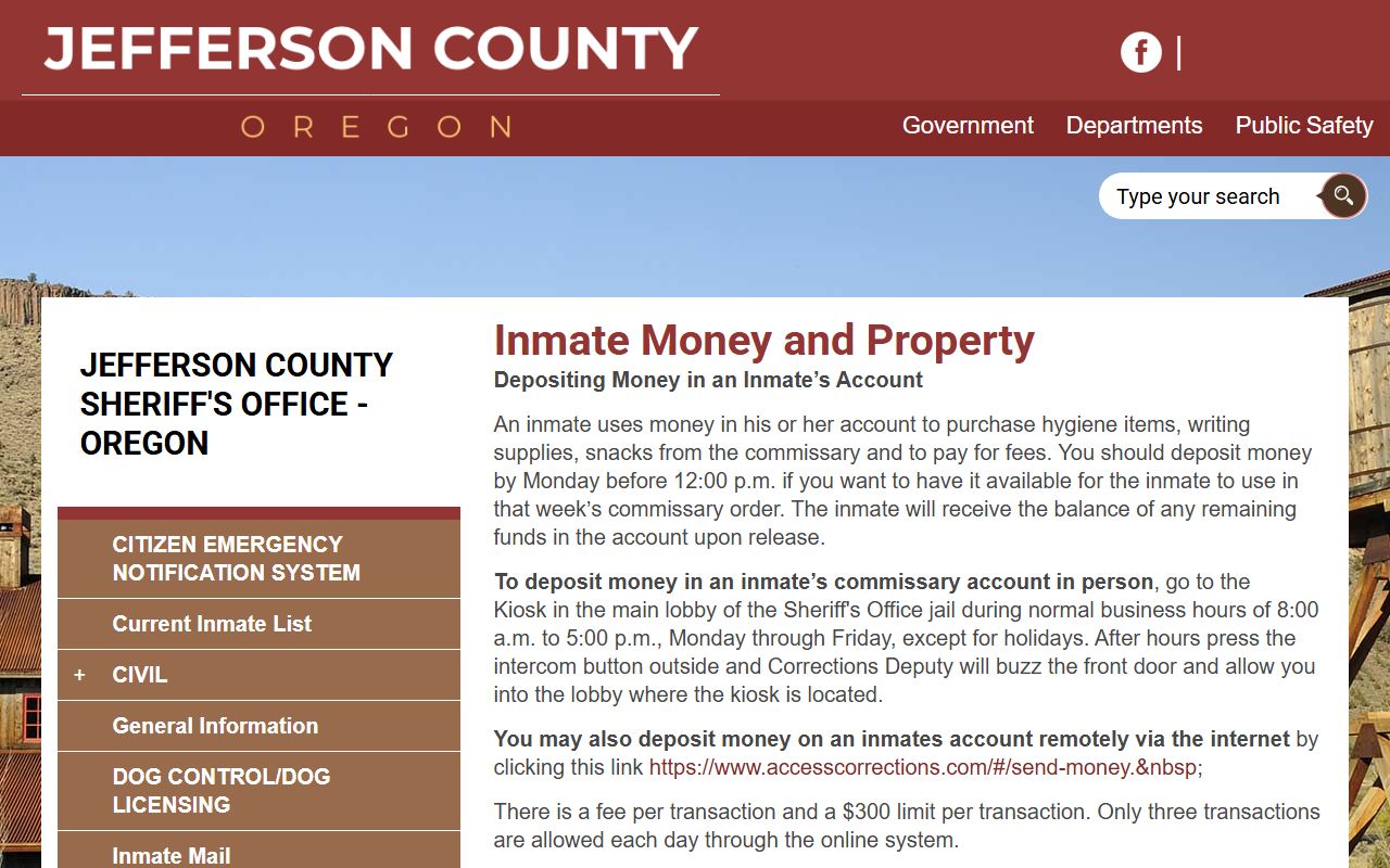Jefferson County jail inmate money and property rules for commissary deposits