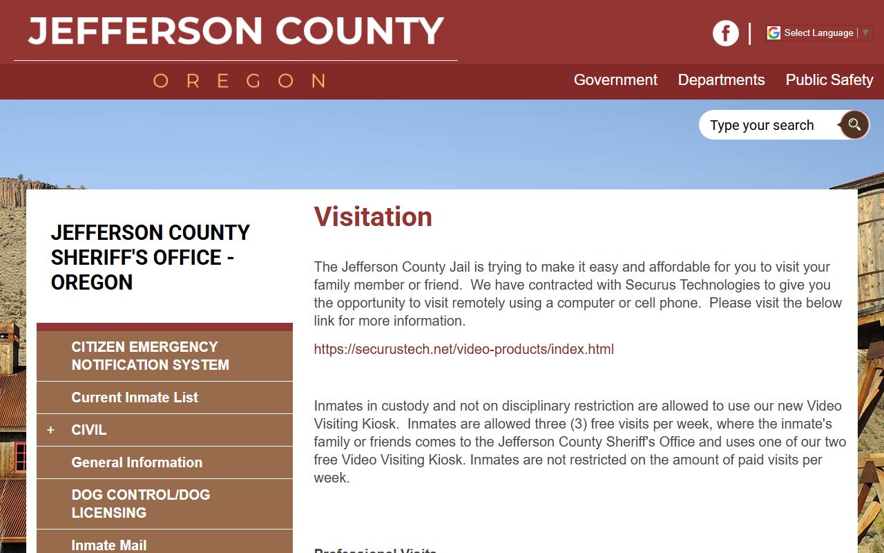 Jefferson County jail visitation page for inmate video kiosk visits