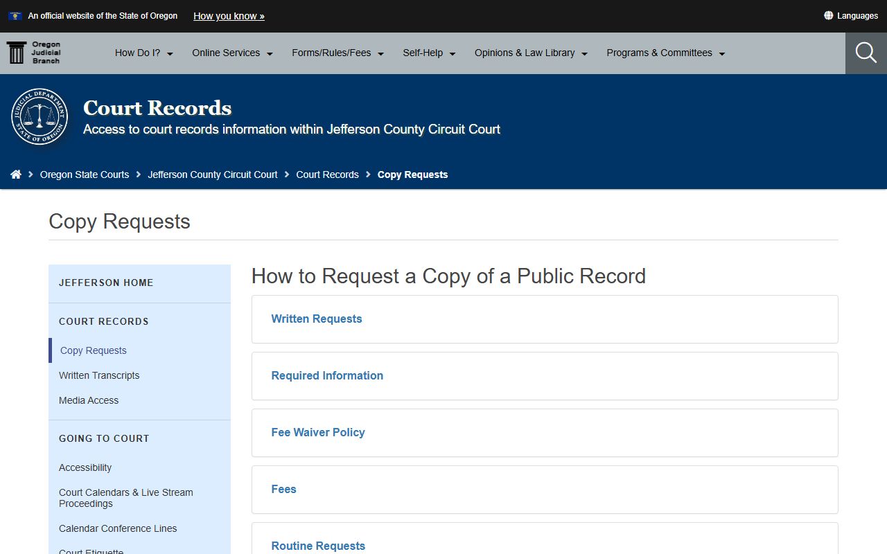 Jefferson County court records after arrest copy request page