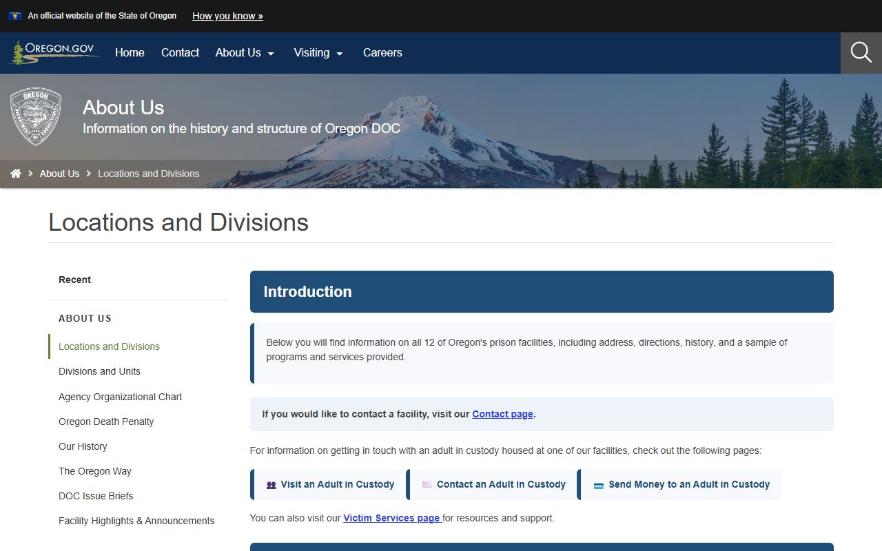 Oregon DOC prison locations listing Deer Ridge Correctional Institution inmate facility