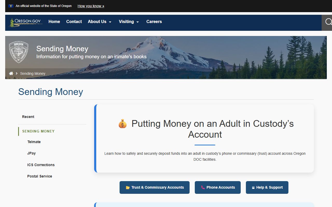 ODOC sending money page for Deer Ridge Correctional Institution inmate accounts