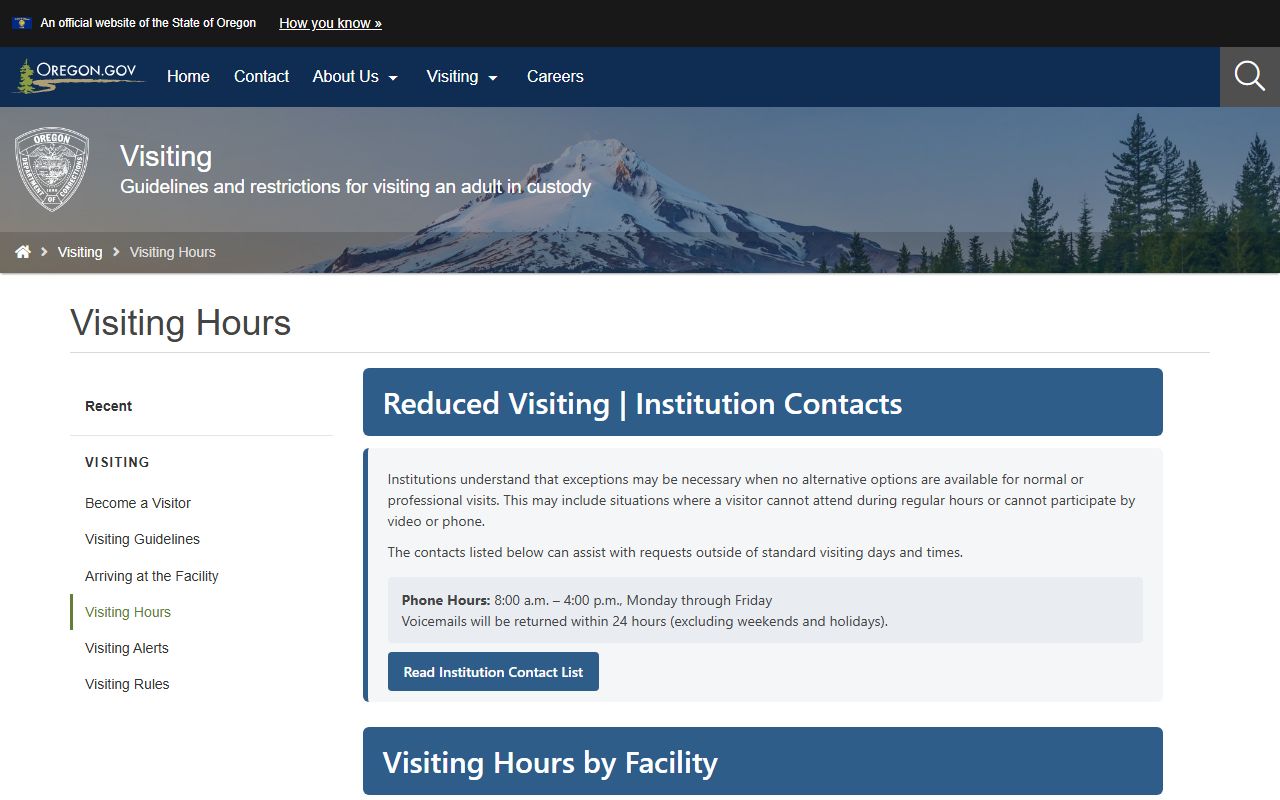 Deer Ridge Correctional Institution inmate visiting hours table from ODOC